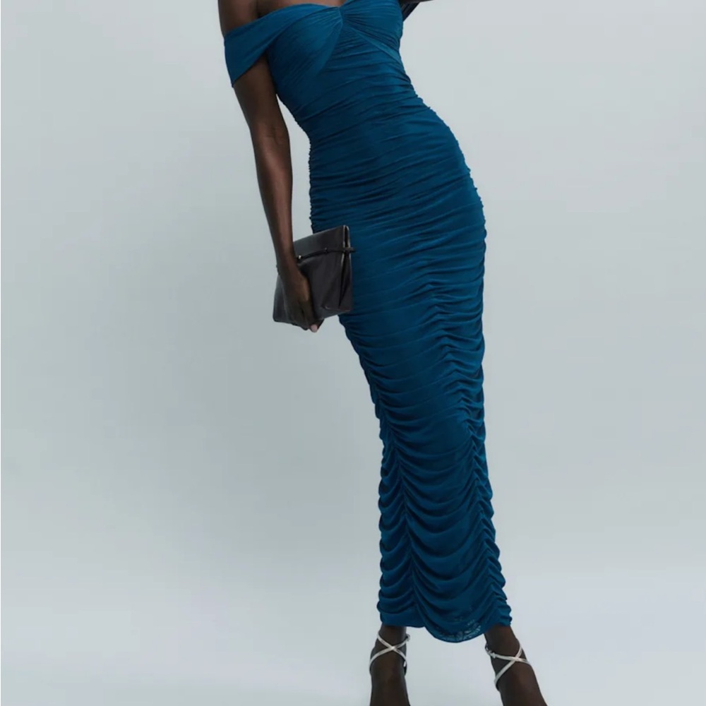 Reformation Ariadne Dress: Elegant Blue Off-Shoulder Dress